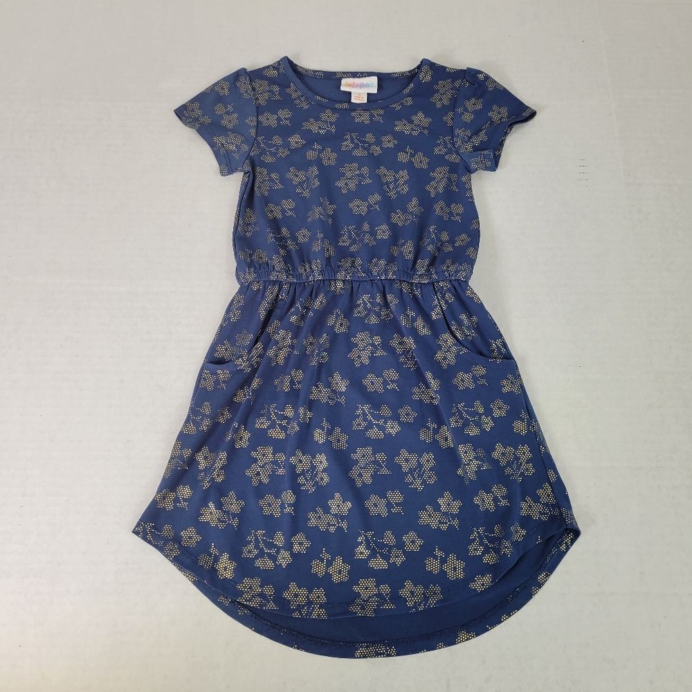 LuLaRoe Navy Blue with Gold Floral Print‎ Blouson Dress Size 4